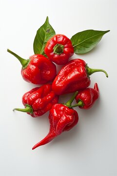 Fresh red chili peppers and green leaves arranged on a white background