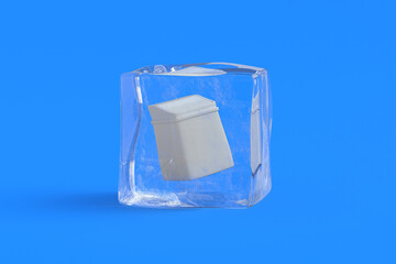 Trash bin in ice cube. 3d illustration