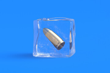 Pistol bullet in ice cube. 3d illustration