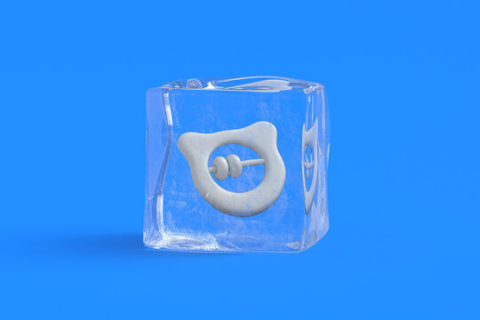Baby rattle in ice cube. 3d illustration