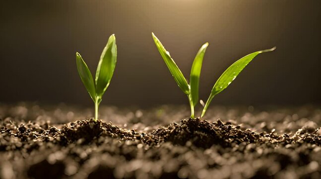 Closeup photo of two sprouts in studio light growing in fertile soil agriculture concept
