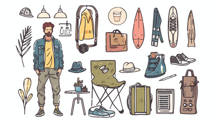 Man and lifestyle items icons. Hand drawn style vector