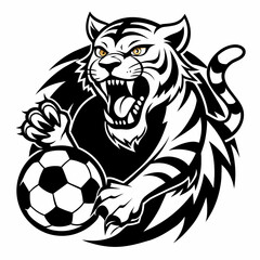 A complete fierce tiger, roaring in black and white, with claws playing with a soccer ball