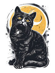 Cat with moon illustration, capturing mystery, elegance, and nocturnal beauty