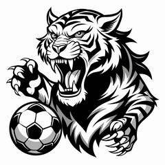 A complete fierce tiger, roaring in black and white, with claws playing with a soccer ball
