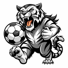 A complete fierce tiger, roaring in black and white, with claws playing with a soccer ball