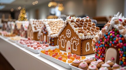 Set up a gingerbread house decorating station with pre-baked gingerbread houses and an assortment of candies and icing for a - obrazy, fototapety, plakaty