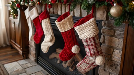Hang oversized stockings by the fireplace, stuffed with treats and goodies for a festive and fun holiday tradition. - obrazy, fototapety, plakaty