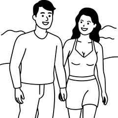 Beach couple walking on romantic travel honeymoon vacation summer holidays romance. Young happy lovers, Asian women and Caucasian men holding hands embracing outdoors