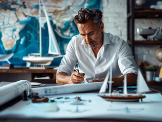 Ship Designer Concentrating on Vessel Blueprints in Office
