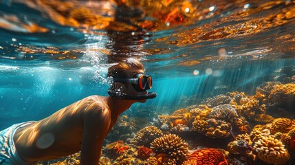 Underwater view of a man snorkeling over a coral reef
