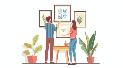 Man and woman hanging picture on the wall. Vector fla