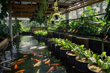 An aquaponics system combining fish farming and hydroponics, demonstrating sustainable food production.