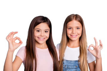 Close-up portrait of two people nice-looking cute lovable adorable sweet attractive cheerful straight-haired girls siblings showing ok-sign isolated over blue pastel background