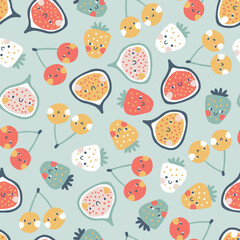 Tropical Fruit seamless pattern. Vector cartoon childish background with cute smiling fruit characters in simple hand-drawn style. Pastel colors Perfect for printing fabrics, packaging, clothes