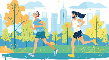 Man and woman running marathon in city park. Vector 