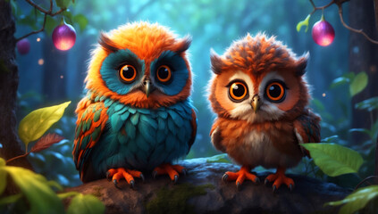 Two young cute owls in a fantasy forest at night
