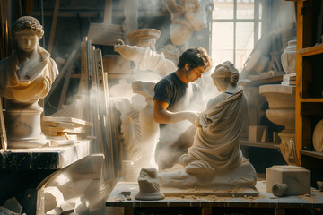 Sculptor at Work in Dusty Studio Carving Marble Statue
