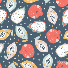 Tropical Fruit seamless pattern with polka dots. Vector cartoon childish background with cute smiling fruit characters in simple hand-drawn style. Pastel colors Perfect for printing fabrics, clothes