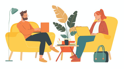 Man and woman sitting on the sofa and chair with lapt