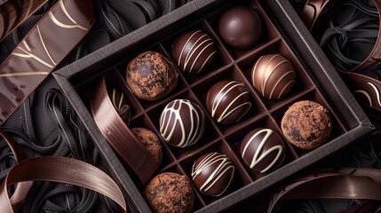 modern box of artisanal chocolate truffles nestled in a bed of swirling ribbons and curls, evoking a sense of luxury and indulgence.  - obrazy, fototapety, plakaty