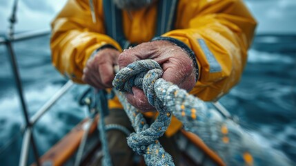 A sailor ties a knot in a rope while sailing in rough seas.