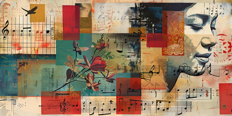 Abstract Artistic Collage with Woman, Music Notes, and Floral Elements