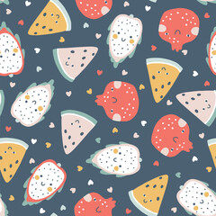 Tropical Fruit seamless pattern with hearts. Vector cartoon childish background with cute smiling fruit characters in simple hand-drawn style. Pastel colors Perfect for printing fabrics, packaging