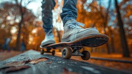A skateboarder rides on a wooden rail in an autumn park.