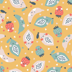 Tropical Fruit seamless pattern. Vector cartoon childish background with cute smiling fruit characters in simple hand-drawn style. Pastel colors Perfect for printing fabrics, packaging, clothes