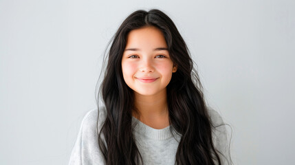 Obraz premium Detailed Photo of Cheerful Girl with Long Black Hair, Aged 12