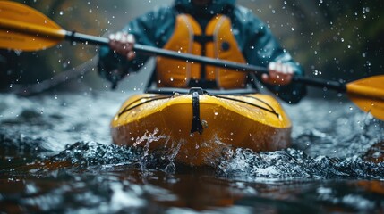 Fototapeta premium A yellow kayak navigating a river.