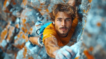 A young male rock climber scales a sheer cliff face. - obrazy, fototapety, plakaty