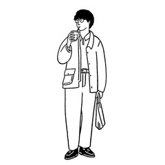Man drinking Ice coffee Casual style People Hand drawn Line art Illustration