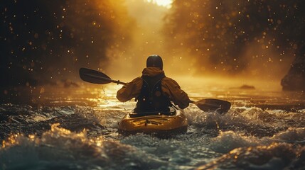 kayaking down a river at sunset - Powered by Adobe