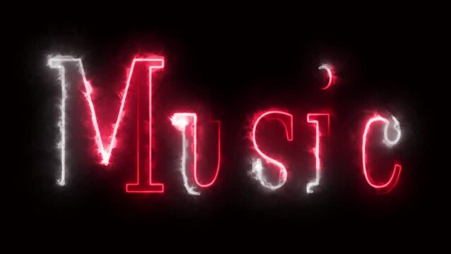 Music neon lettering word. Pink text on brick wall. Talent show. Musical concert. Light sign. Vector stock illustration