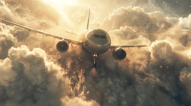 Design an aerial depiction of airport de-icing facilities, with trucks spraying anti-icing fluid onto aircraft wings and fuselages during winter