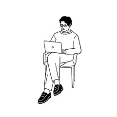 Man Sitting cross-legged work on Laptop People lifestyle Hand drawn line art illustration