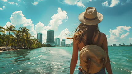 A woman in a sun hat and backpack strolls into the water under the summer sky - obrazy, fototapety, plakaty