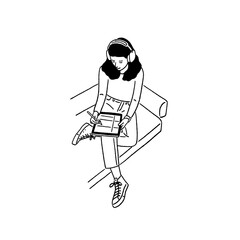 Woman wearing headphones working on Tablet Creative people lifestyle Hand drawn line art illustration