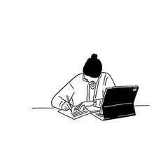 Woman writing People work at Office table with tablet computer Hand drawn Line art Illustration