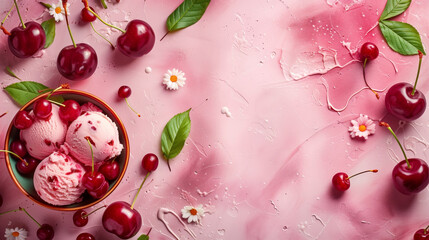 Cherry flavored ice cream scoops in a bowl with fresh cherries on a pink surface