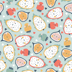 WebTropical Fruit seamless pattern with hearts. Vector cartoon childish background with cute smiling fruit characters in simple hand-drawn style. Pastel colors Perfect for printing fabrics, clothes