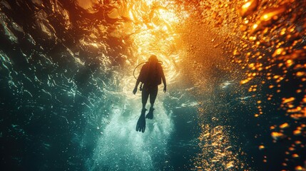 Scuba diver in deep blue sea with bright sun rays shining through