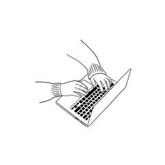 People typing on Laptop computer Business Office table Hand drawn line art illustration