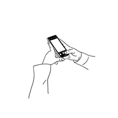 Hand holding mobile phone People lifestyle with Social media Hand drawn Line art Illustration