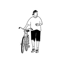 Man with bicycle Young People city lifestyle Hand drawn line art Illustration