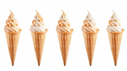 Five swirls of soft serve ice cream in crispy waffle cones on a white background