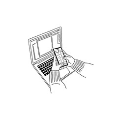 People typing on Smartphone Working table with laptop computer Online business Hand drawn line art illustration