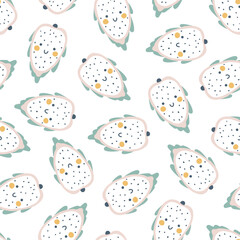 Dragon fruit character seamless pattern with smiley face fruit on a polka dot background. Hand-drawn cartoon doodle in simple naive style. Vector illustrations in a pastel palette for kids